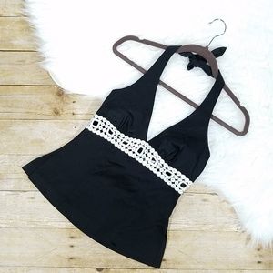 Trina Turk Black Halter Top w/ Crochet Details